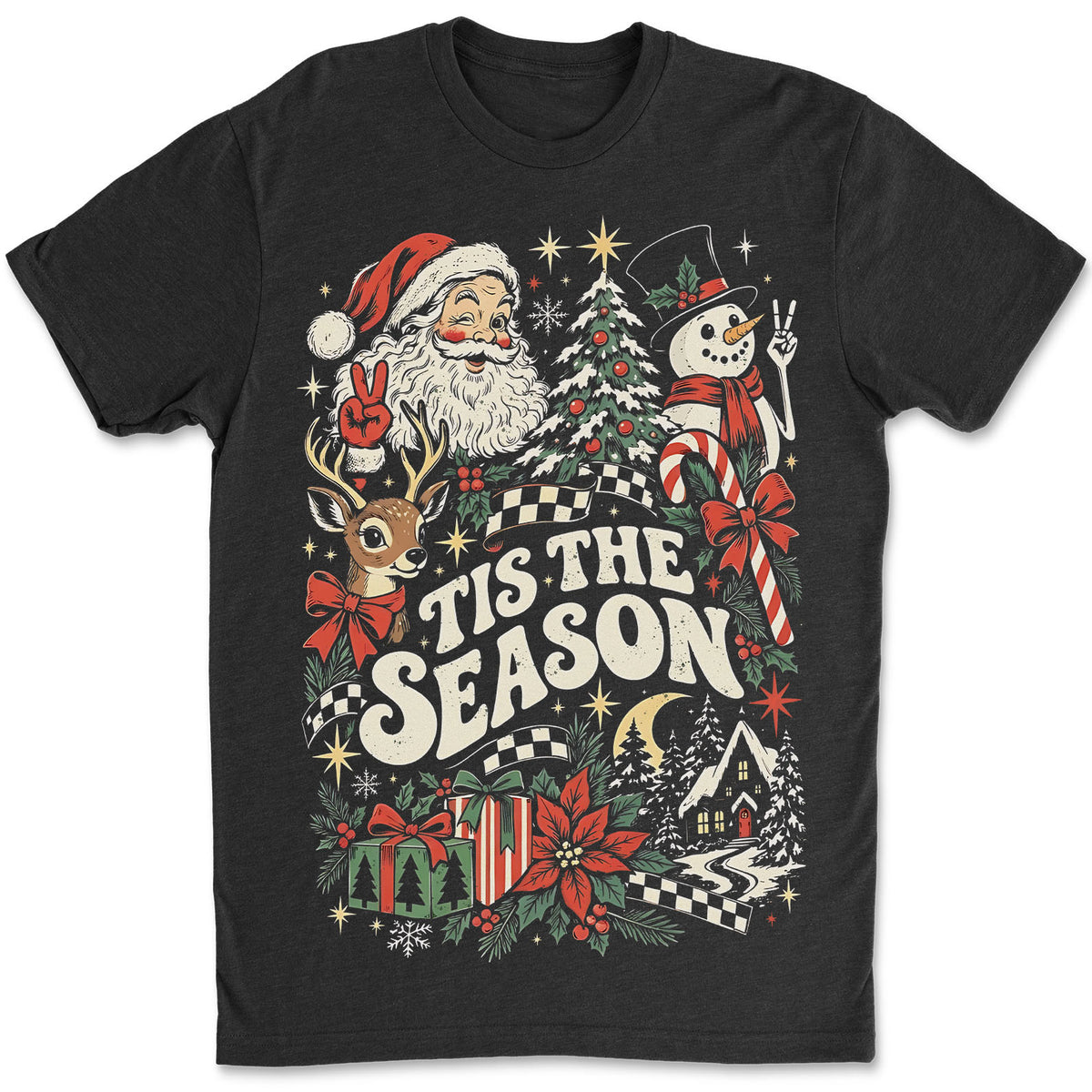 Vintage Santa & Snowman "Tis The Season" Holiday Tee, Retro Christmas Graphic T-Shirt 686631