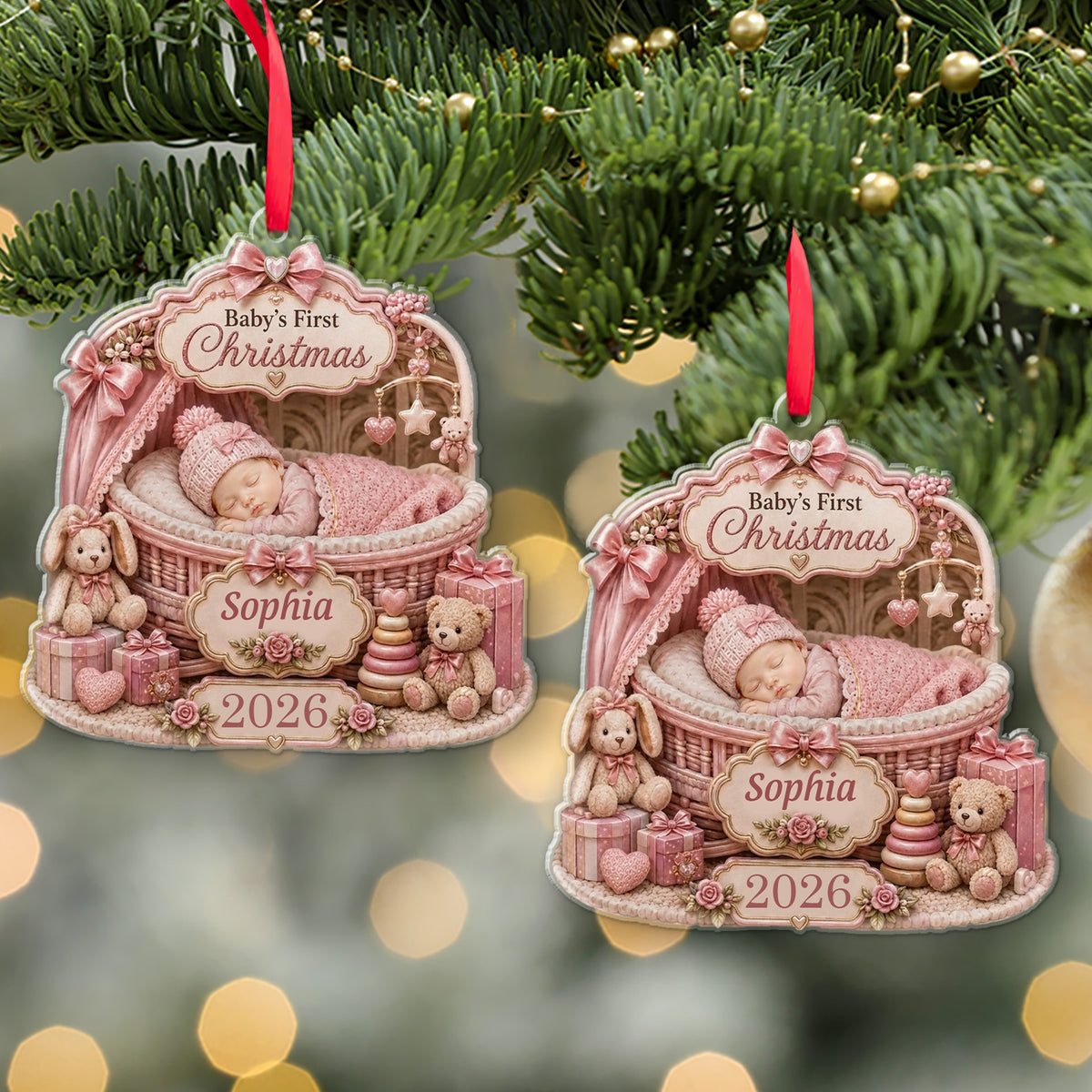Personalized Baby's First Christmas Acrylic Ornament, Custom Newborn Sleeping in Bassinet Keepsake, Baby Boy Girl 1st Xmas Tree Hanging Decoration Gift 686512