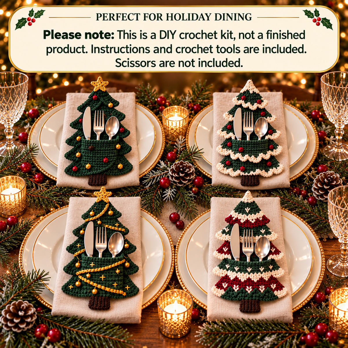 Christmas Tree Cutlery Holder DIY Crochet Kit, 8 Designs, Christmas Table Decor, Handmade Holiday Gift 686870 WFD