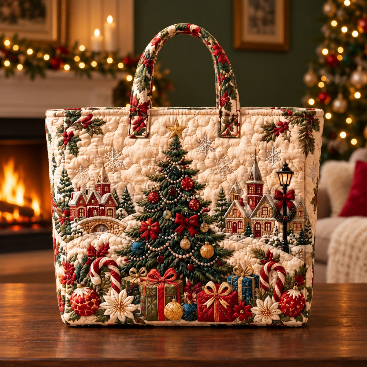 Christmas Quilted Tote Bag, Snowman & Christmas Tree Holiday Handbag, Festive Gift for Mom, Grandma 686748 WFD