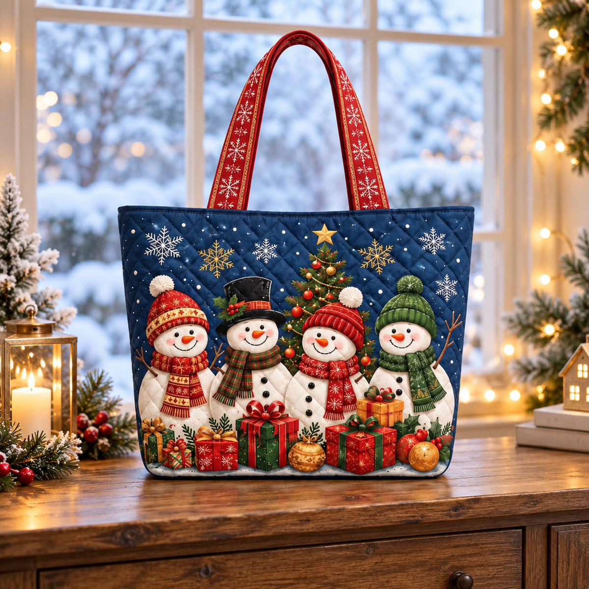 Christmas Quilted Tote Bag, Snowman & Christmas Tree Holiday Handbag, Festive Gift for Mom, Grandma 686748 WFD