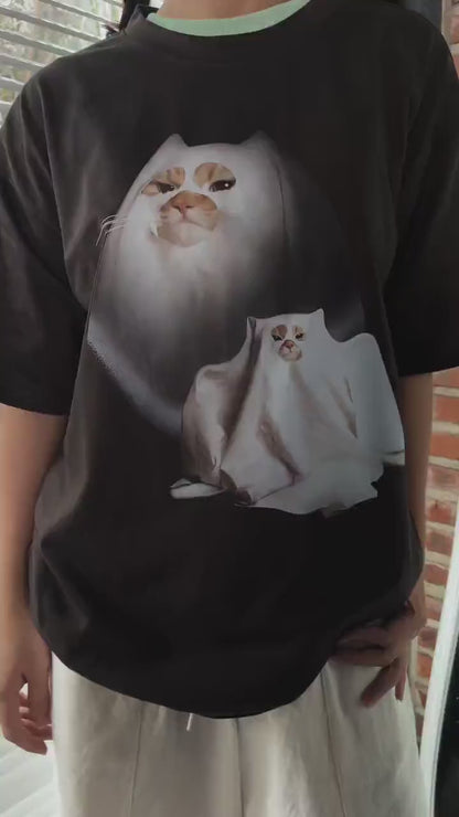 Retro Funny Ghost Kitten Shirt, Unisex Meme Cringe Funny Dumb Shirt, Cat Halloween Shirt, Spooky Season Cat Tee, Gift For Cat Lover BX25