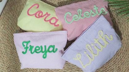 Personalized Seersucker Makeup Bag, Custom Name Travel Pouch, Beach Cosmetic Bag Gift for Her 684924