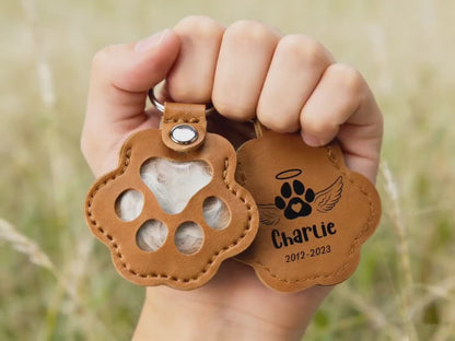 Personalized Pet Hair Memorial Leather Keychain, Custom Name Paw Print Fur Keepsake, Pet Loss Gift 686661 WFD