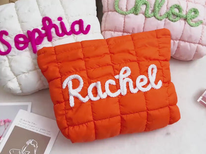 Personalized Quilted Makeup Bag, Custom Name Nylon Cosmetic Pouch, Bridesmaid Gift, Zipper Bag Gift for Her 684812