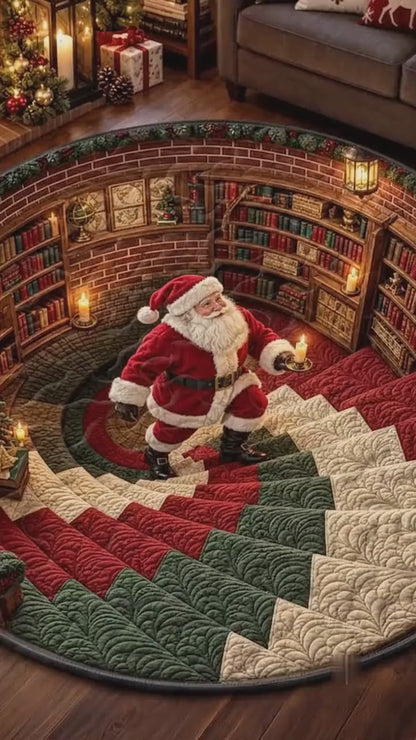 3D Santa Optical Illusion Christmas Round Rug, Spiral Staircase Holiday Floor Mat 686435 WFD