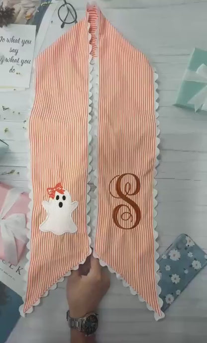 Personalized Halloween Wreath Sash, Embroidered Ghost & Monogram Bow, Striped Front Door Decor 686179 WFD