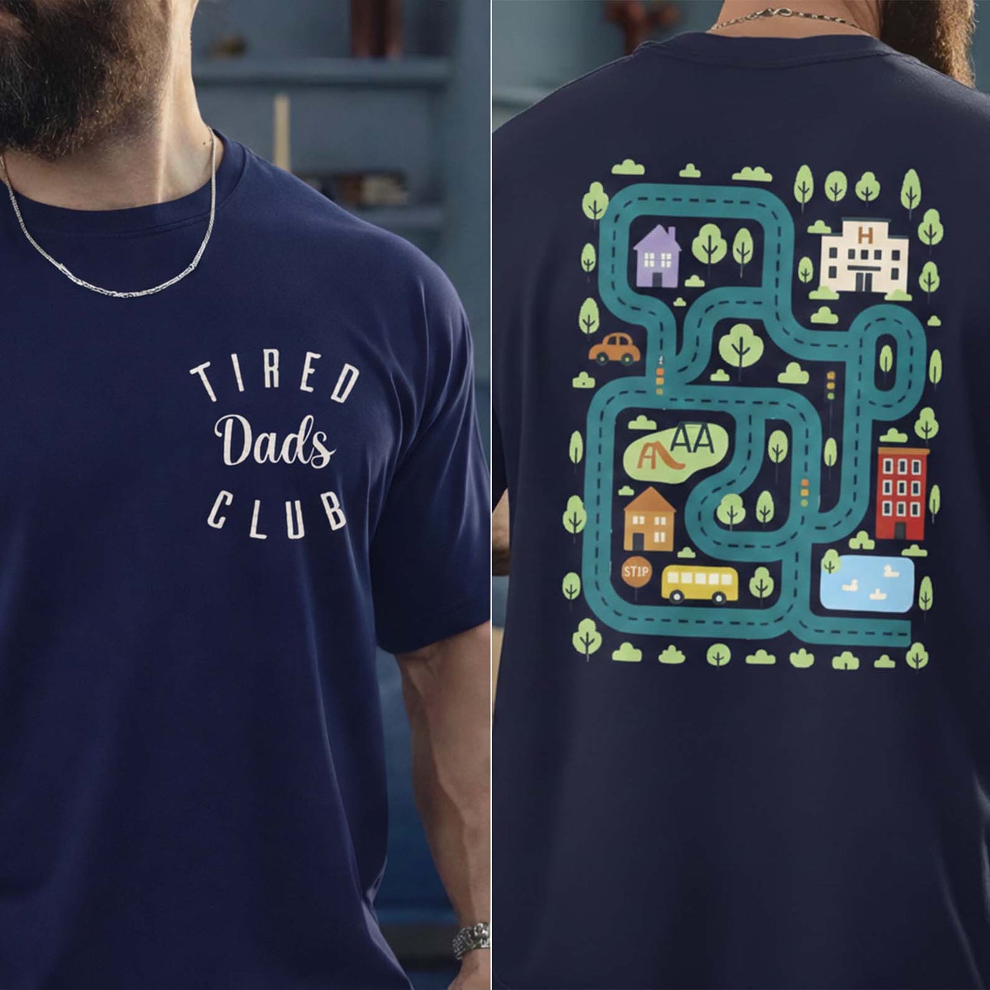Tired Dads Club Shirt, Funny Dad Life Humor, Father's Day Gifts, Car Track Play Mat Tee Pocket & Back Dark Shirt WFD