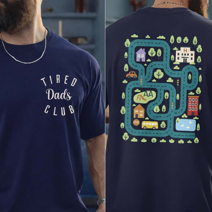 Tired Dads Club Shirt, Funny Dad Life Humor, Father's Day Gifts, Car Track Play Mat Tee Pocket & Back Dark Shirt WFD