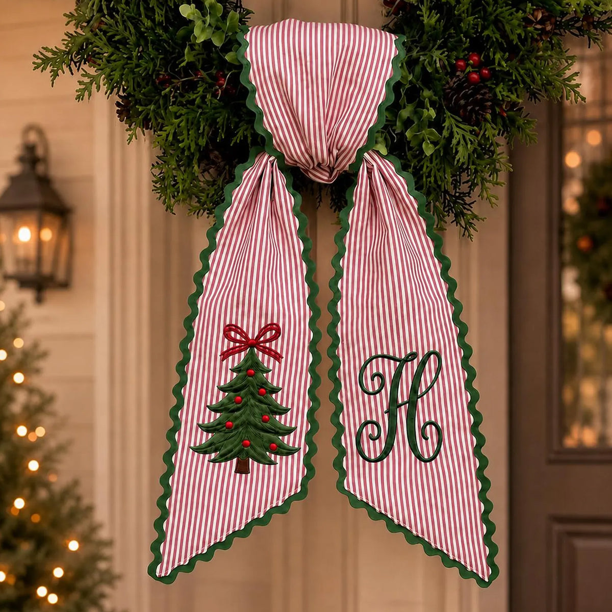 Custom Christmas Wreath Sash, Embroidered Monogram Striped Holiday Front Door Ribbon Bow 686902 WFD