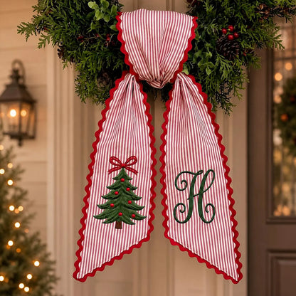 Custom Christmas Wreath Sash, Embroidered Monogram Striped Holiday Front Door Ribbon Bow 686902 WFD