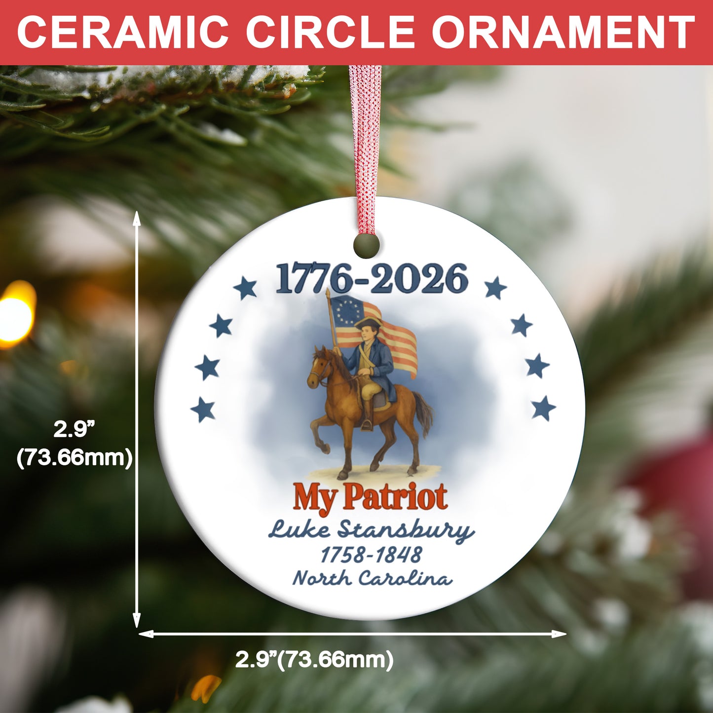 250 Years of America 1776–2026 Ceramic Ornament, Personalized Patriot Descendant Gift, Daughters Sons of the American Revolution Ornament 683120