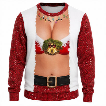 Funny Christmas Ugly Sweater, Fake Naked Body Santa & Elf AOP Sweatshirt, Novelty Holiday Party Gag Gift 686654 WFD