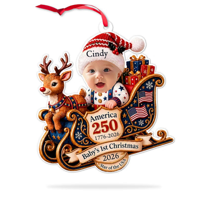 Personalized Baby's First Christmas Acrylic Ornament 2026, Custom Name Baby Sleigh Reindeer Tree Hanging Decor, America 250th Semiquincentennial Anniversary Keepsake Gift 686613