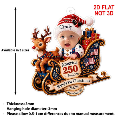 Personalized Baby's First Christmas Acrylic Ornament 2026, Custom Name Baby Sleigh Reindeer Tree Hanging Decor, America 250th Semiquincentennial Anniversary Keepsake Gift 686613