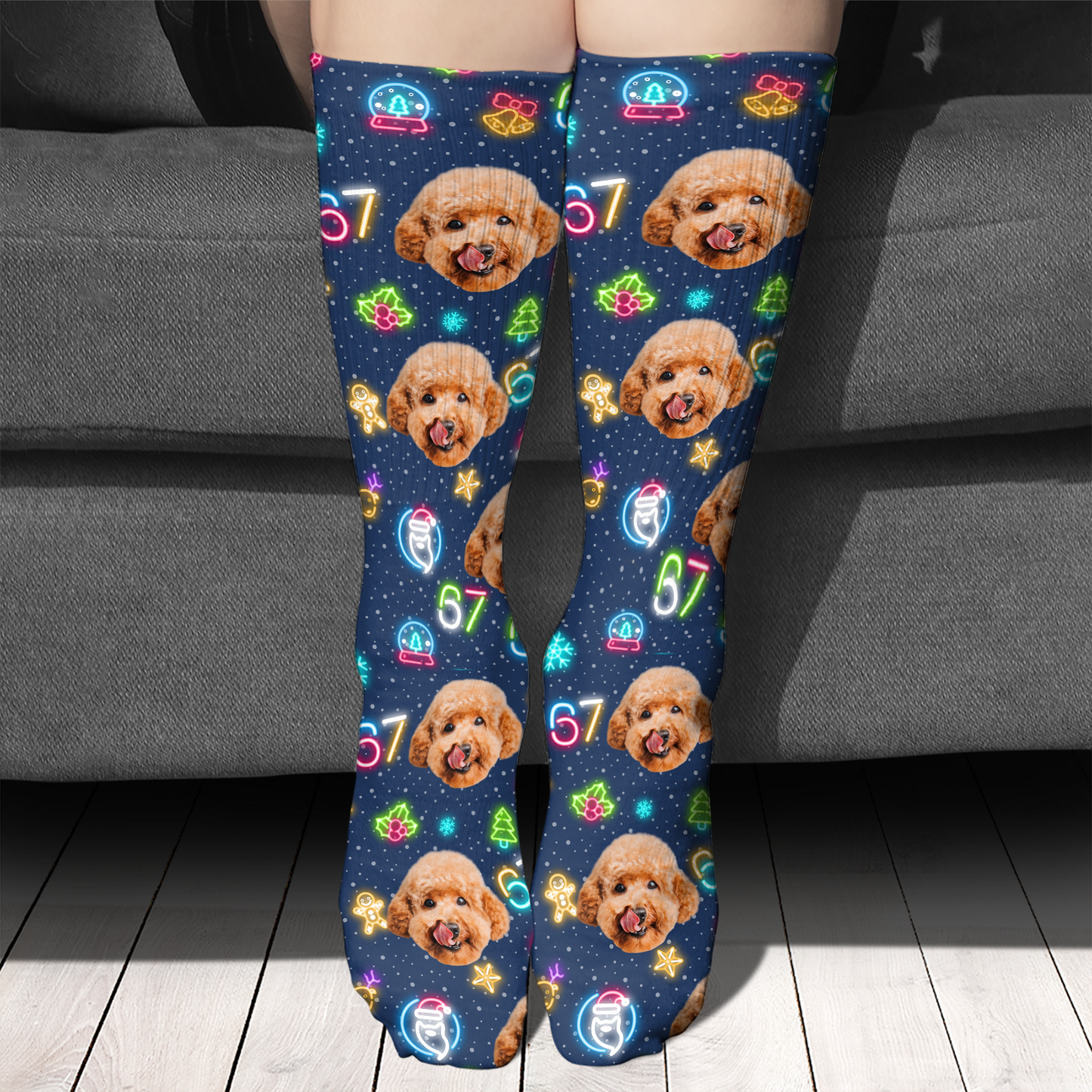 Custom Face 6 7 Christmas Socks | Custom Photo Six Seven Meme Christmas Socks | Personalized Funny Socks For Christmas 683686