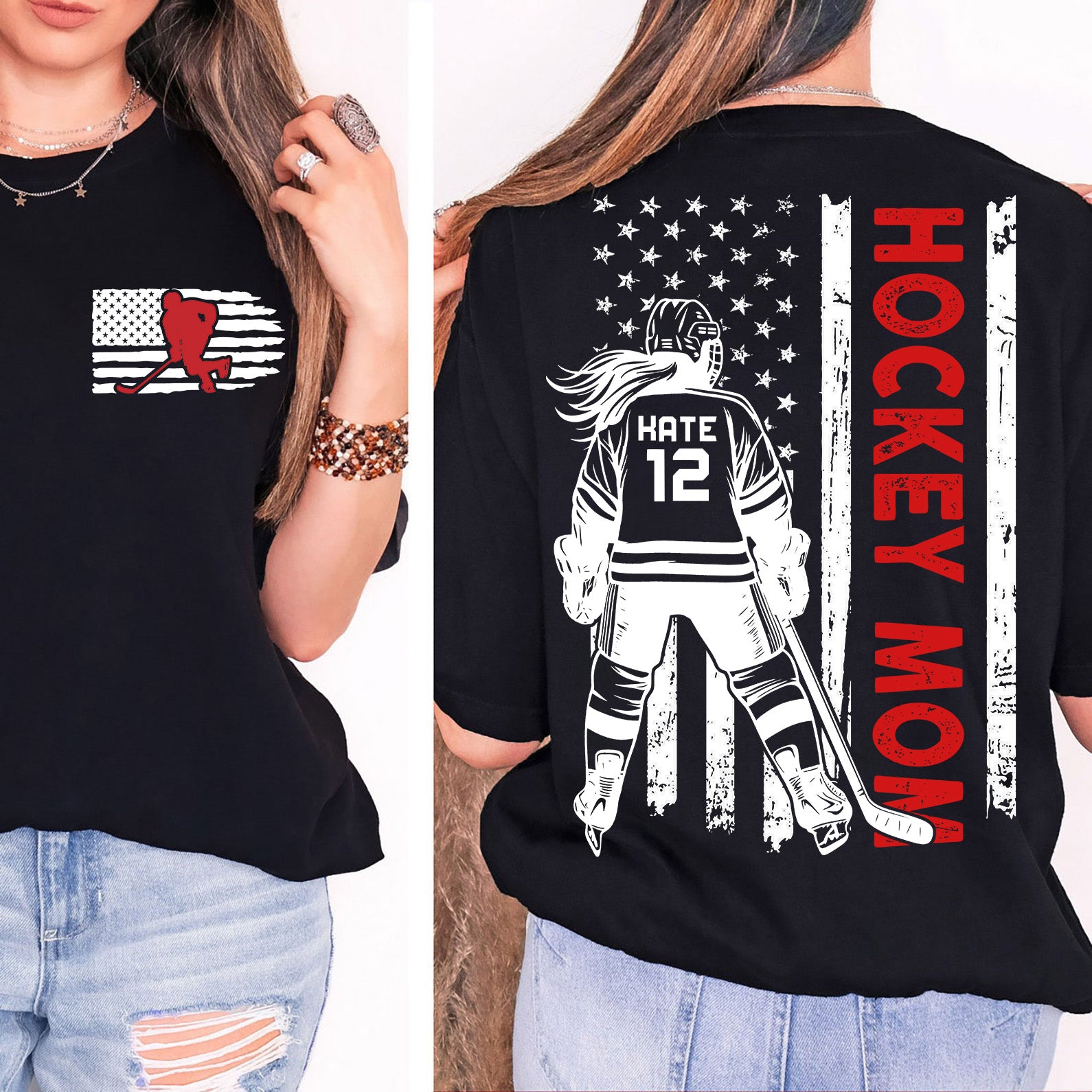 Custom Hockey Mom Shirt | Personalized Custom Name and Number T-shirt | Gift for Mom | Gift for Wife | Front & Back Shirt 682441