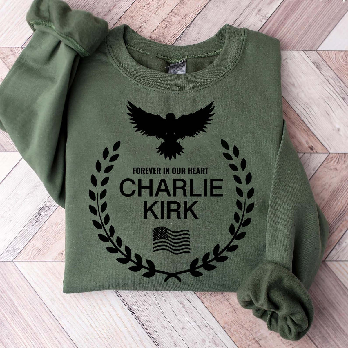 In Memory of Charlie Kirk Sweatshirt | Forever In Our Heart Memorial Sweater | Conservative Free Speech & Human Rights Pullover 682923